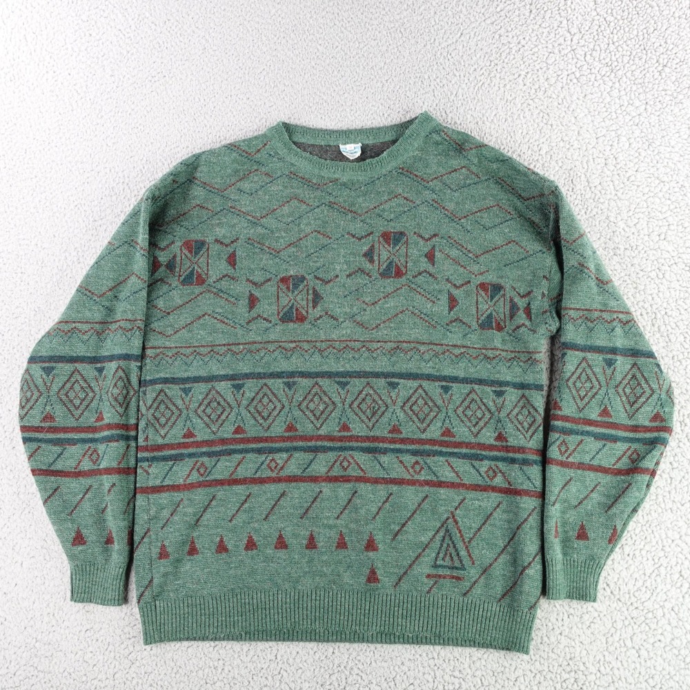 Schoeller Sweater Mens 56‎ XL Green Geometric Wool Blend Vintage Crew Neck Retro
